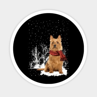 Christmas Australian Terrier With Scarf In Winter Forest Magnet